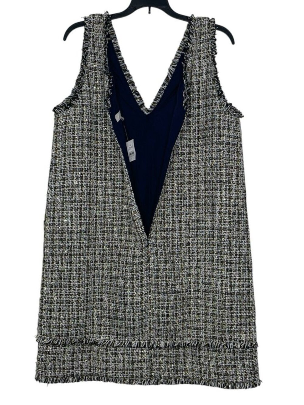 LOFT Womens Dress Size 12 Tweed Sleeveless V-Neck Fringe Navy White Gold NWT - Picture 7 of 11